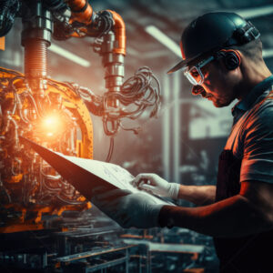 Manager engineer check and control automation robot arms machine Manager engineer check and control automation robot arms machine in intelligent factory industrial on monitoring system software. Welding robotics and digital manufacturing operation, Generative AI