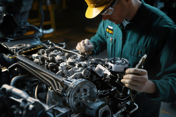 Mechanic works on engine assembly in workshop during daylight A skilled mechanic inspects and repairs an engine component in a well-lit workshop during the day.
