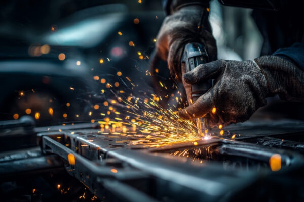 Electric welder repairing car front with sparks flying professional photography Electric welder repairing car front with sparks flying professional photography